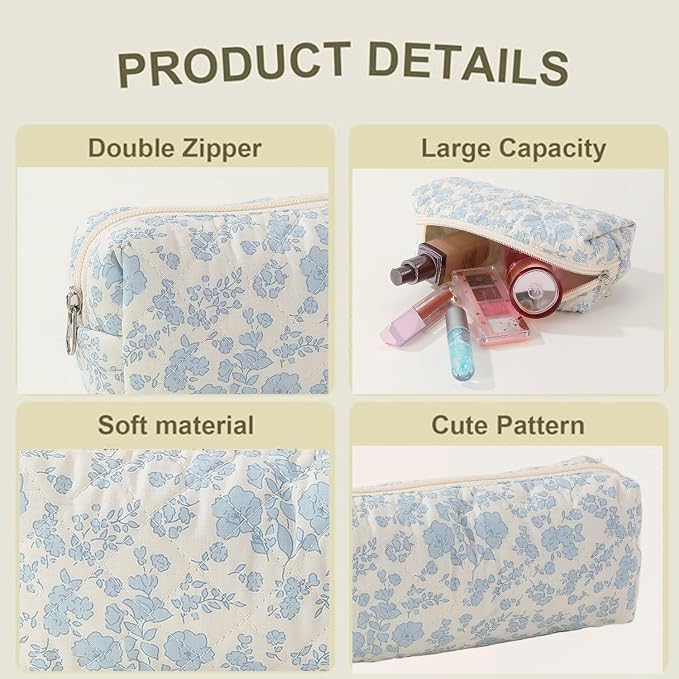 Cute Mini Quilted Makeup Bag for Women Travel Cosmetic Bags Lightweight Coquette Aesthetic Floral Toiletry Organizer Case (Floral#01)