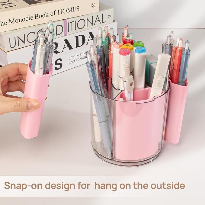 360° Rotating Pen Holder for Desk Adjustable Pencil Organizer, Pink | Plastic Pen Cup for Women Cute Office Supplies and Accessories Desktop Storage Box Art Caddy for School, Work, Home