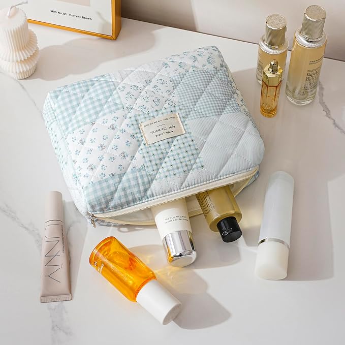 uekeboag Large Travel Quilted Makeup Bag for Women | Soft Floral Cotton Cosmetic Bag, Foldable Coquette Aesthetic Toiletry Organizer
