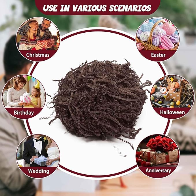 Tisspoms 3LB Deep Coffee Crinkle Cut Paper Shred Filler, Paper Shreds for Basket Fillers, Birthday, Gift Wrapping, Anniversary, Wedding, Halloween, Thanksgiving, Christmas Gift Decor Party Filler