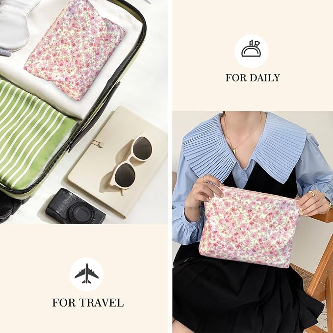 STARDW Aesthetic Floral Makeup Bag Cute Small Cosmetic Bags for Women Girls, Travel Toiletry Bag Large Capacity Zipper Makeup Pouch, Purse Organizer Pouches
