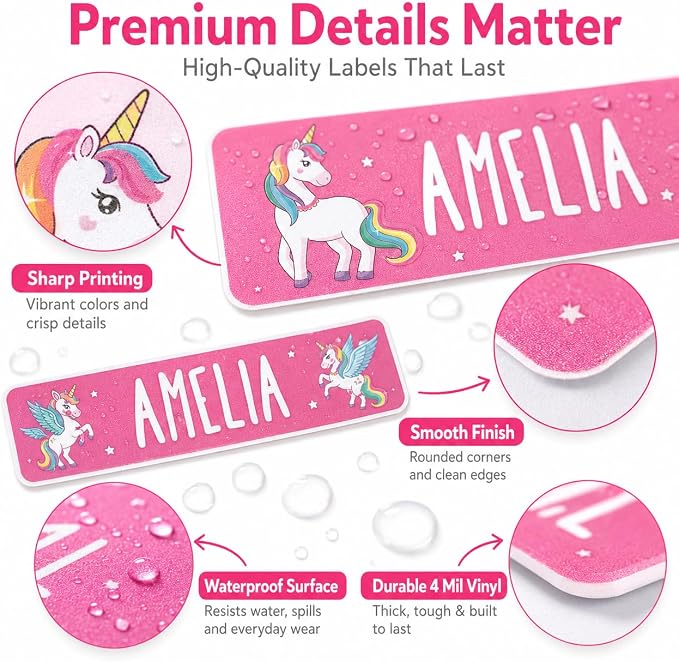 Andaz Press Custom Personalized Waterproof School Name Labels, Unicorn, 120-Pack, Kids Labels Combo Pack, Customizable Multi-Use Name Stickers Personalized Name Stickers Back to School Supplies