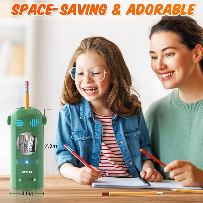 AFMAT Electric Pencil Sharpener, Fully Automatic Colored Pencil Sharpener for 7-11.5mm Pencils, Auto in &Out, Robot Pencil Sharpeners for Kids, Rechargeable Hands-Free with Dotted Eyes, PSX5ET, Green