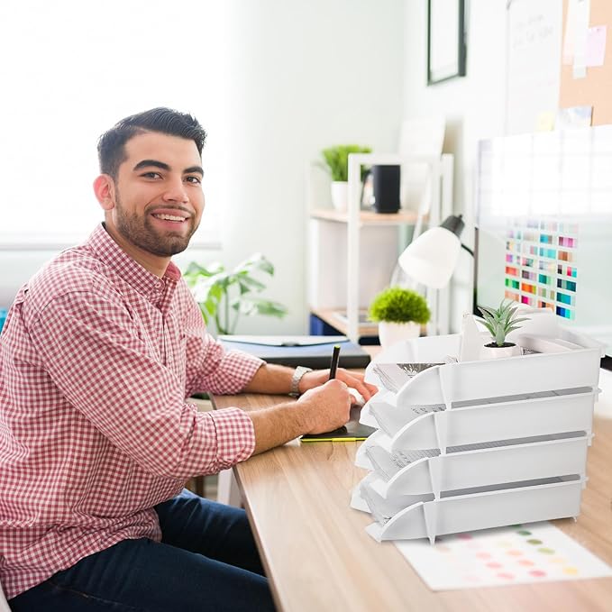 Fainne 8 Pcs Stackable Paper Trays Organizer for Desk 8 Layer Stackable Letter Trays Plastic File Organizer Tray and Stacking Supports for File Storage, 13 x 10 x 2.76'' (White)