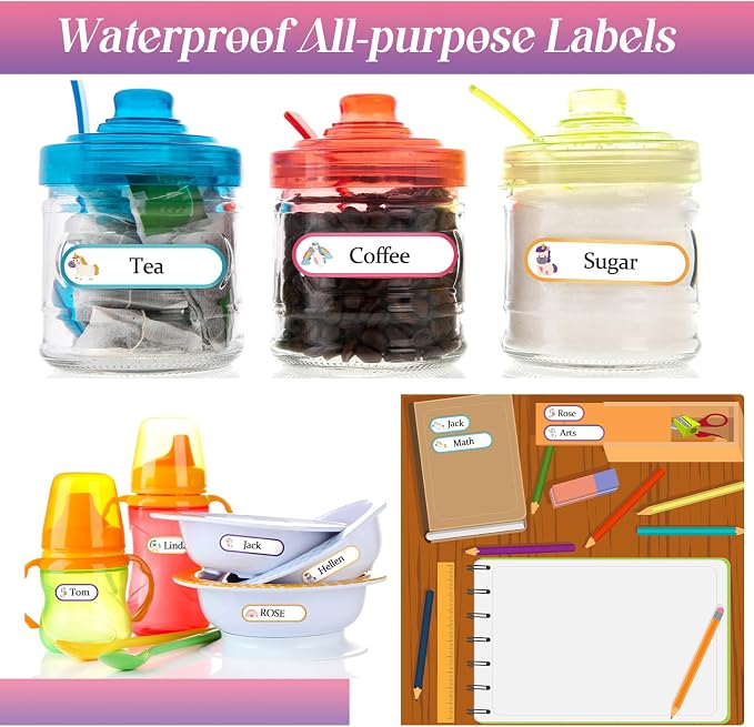 Waterproof Name Labels for Kids Daycare 320 Pcs, Pink Unicorn Style | Self Adhesive Baby Water Bottle Stickers for School Supplies, Self Laminating, School Name Stickers for Lunch Boxes