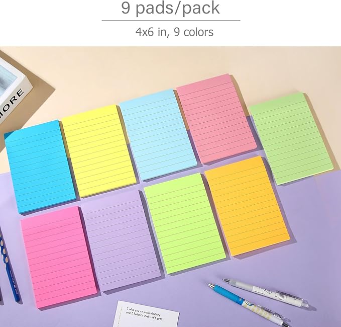 9 Pack Lined Sticky Notes 4x6 in Bright Colors Self-Stick Note Pads with Lines, 9 Colors Bulk Sticky Memo Pad for School, Office, Meeting