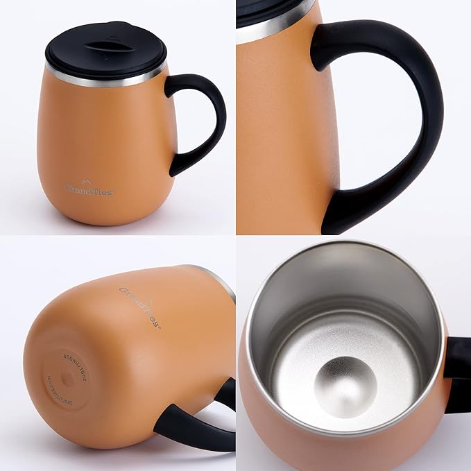 GRANDTIES Insulated Coffee Mug with Handle - Sliding Lid for Splash-Proof 16oz Wine-Glass Shape Thermal Tumbler with Double Walled Vacuum Stainless Steel to Keeps Beverages Hot or Cold-Carrot