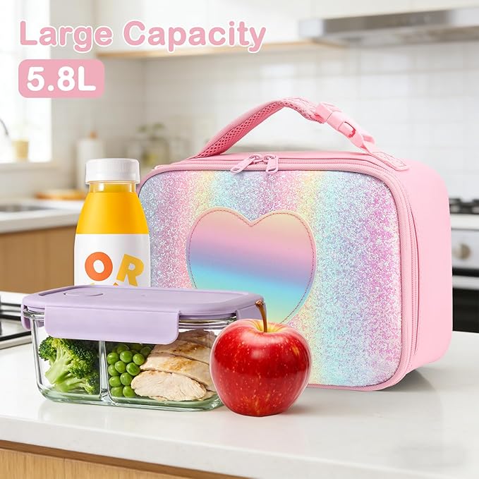 FlowFly Kids Lunch box Insulated Soft Bag Mini Cooler Back to School Thermal Meal Tote Kit for Girls, Boys, Glitter-RainBow