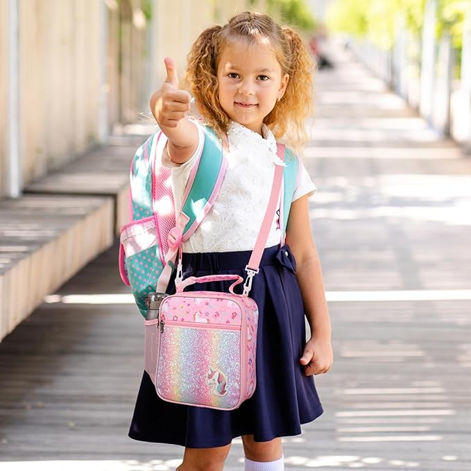 Bagseri Kids Lunch Bag with Shoulder Strap - Insulated Crossbody Girls Lunch Box for School & Travel, Reusable Large Meal Tote with Bottle Holder, Fits Bento Box, Pink Unicorn