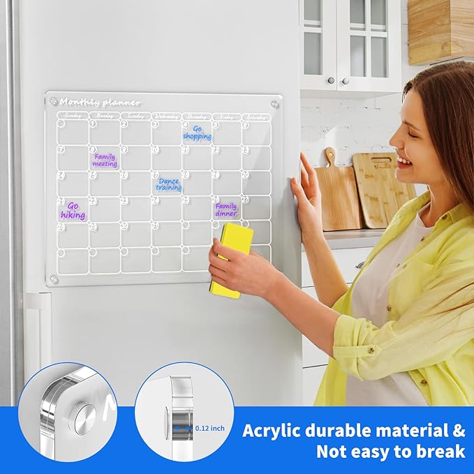 AITEE Acrylic Magnetic Dry Erase Board Calendar for Fridge, 16"x12" Inches Clear Monthly Planner for Refrigerator Includes 6 Dry Erase Markers with 3 Colors