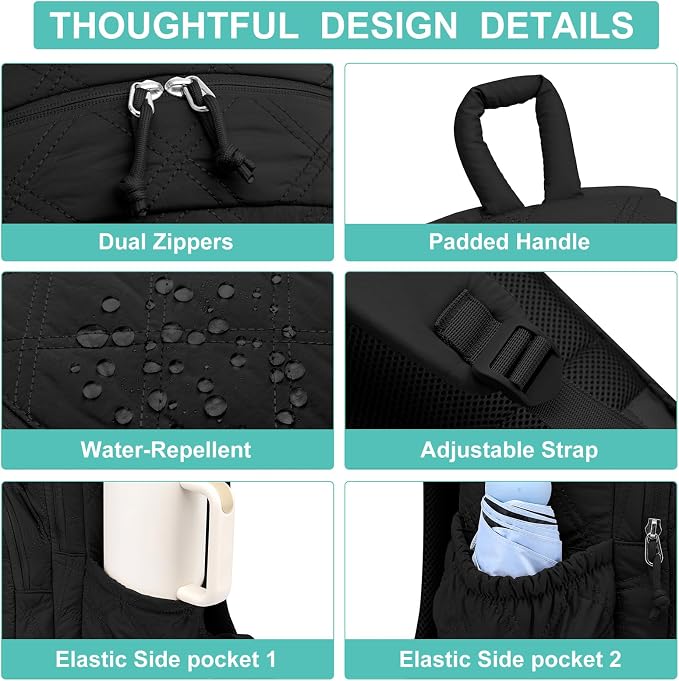 Travel Laptop Backpack for Women - 17.3 Inch College Backpacks Quilted Computer Bookbag Lightweight Casual Daypack Water-Resistant Backpacks for Students Teacher Work Black