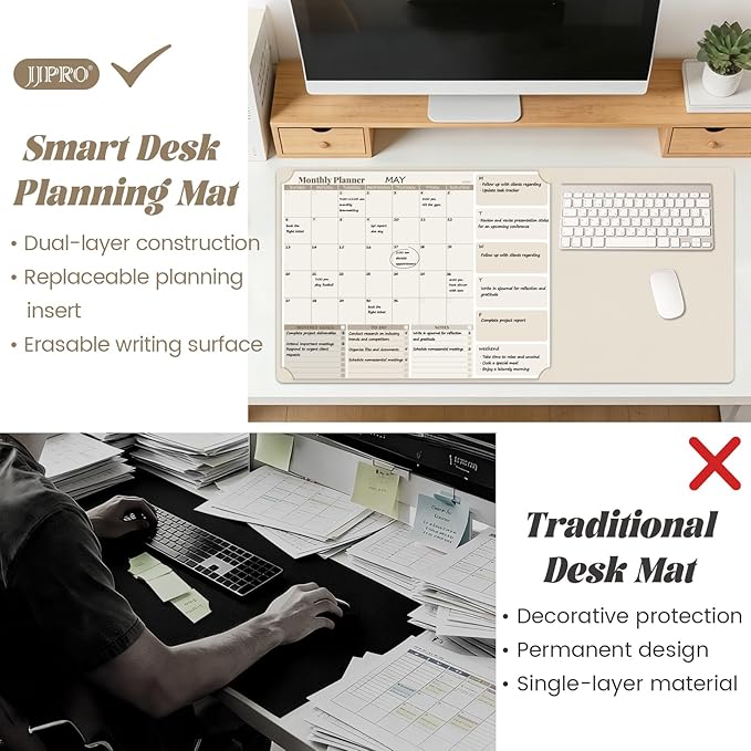 JJPRO Dual-Layer Dry Erase Desk Mat,Large Multi-Use Dry Erase Desk Calendar,Erasable Desk Pad,Double-Sided Faux Leather Desk Pad,Reusable Large Mouse Pad for Office, Home - Eggshell -16"x34"