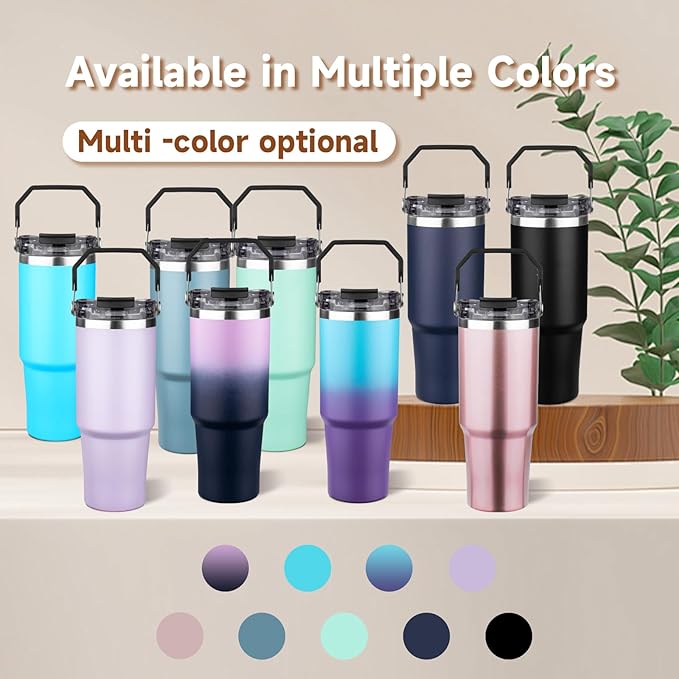 30oz Tumbler with Handle and Flip Straw Lid Double Wall Insulated Travel Coffee Mug Stainless Steel Vacuum Coffee Tumbler Cup for Hot and Cold Drinks,Leak-proof&BPA-free(30oz,Light purple Navy blue)