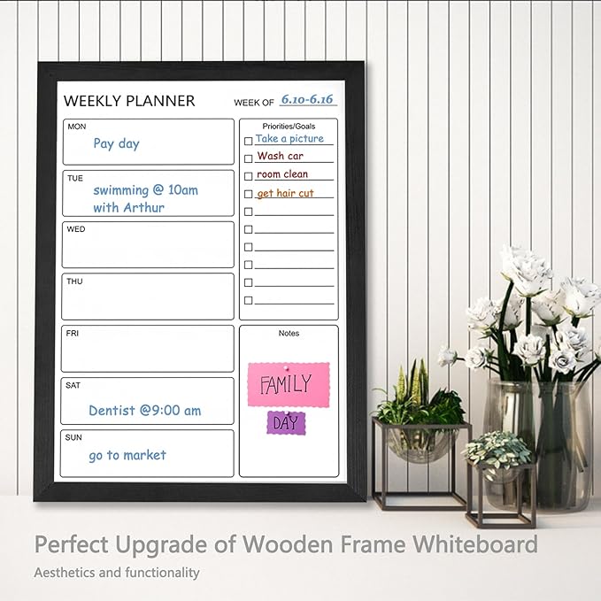 Dry Erase White Board Weekly Calendar Board, Magnetic Whiteboard for Wall,17.7“x23.6 Solid Wood Black Framed Message Board, Planner Board for Office, Home, School(Weekly-BB-BK-4560