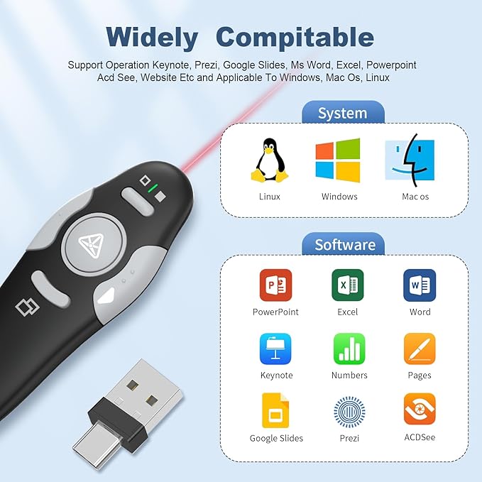 QUI 2 Pack Presentation Clicker, Wireless Presenter Remote Clicker for PowerPoint, Slide Advancer for Mac, Windows, Google Slide, Keynote (USB Type-c, Black Purple)
