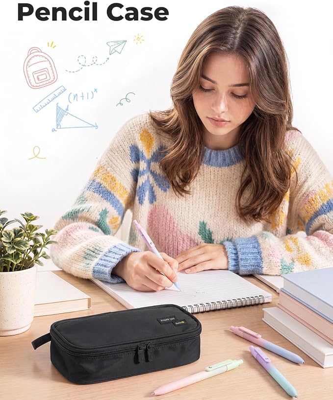 Four Candies Large Pencil Case, 5 Compartments Canvas Pen Organizer | Big Capacity Pencil Pouch Bag for School Supplies, Portable Stationery Holder for Teen Girls Boy Men Women