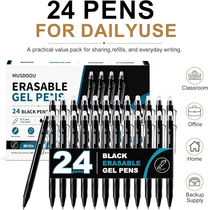 24 Pack Erasable Gel Pens, Black Ink Retractable Erasable Pens 0.7mm, Smooth Writing Gel Ink Pens with Eraser, Mistake-Free Writing Pens for Office, School, Notes, Back-to-School Supplies