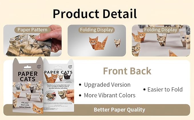 DGRKZY Cute Cat Origami Paper Kit, 3D DIY Paper Cats to Fold, 50 Colorful Sheets, Easy Craft for Beginners, Screen-Free Activity, Desk Decor & Gift for Cat Lovers