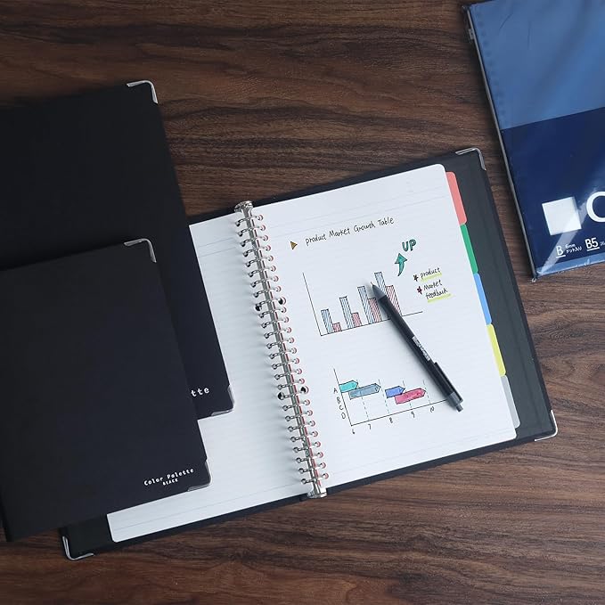 KOKUYO 5 Subject Spiral Notebook, Color Palette A4 Refillable Journal with 5 Tab Dividers, 100 Sheets in 6mm Ruled Loose Leaf Paper, Business Black