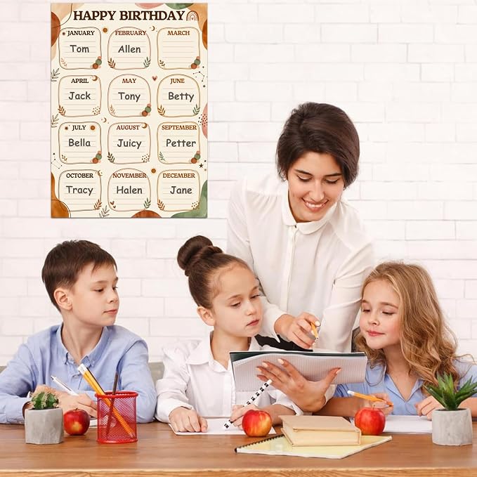 FaCraft Boho Birthday Chart for Classroom - Reusable Happy Birthday Poster Calendar Laminated Class Birth day Chart Classroom Bulletin Board Decorations Back to School Teacher Supplies Wall Decor