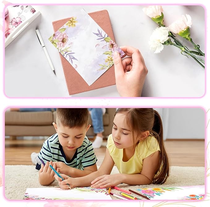 50 Pcs Stationery Paper Envelopes Set Includes 24 Writing Paper & 24 Envelopes with 24 Round Stickers, Cute Flower Floral Letter Writing and Stationery Paper Envelopes for Girls Invitations(6Style)