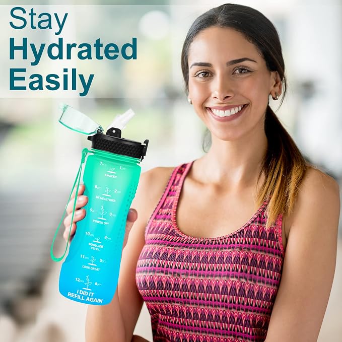 24 OZ Motivational Kids Water Bottle With Time Marker,Straw Lid,Leak Proof, Tritan BPA Free Sports Water Bottle Green-Blue(1 Lid)