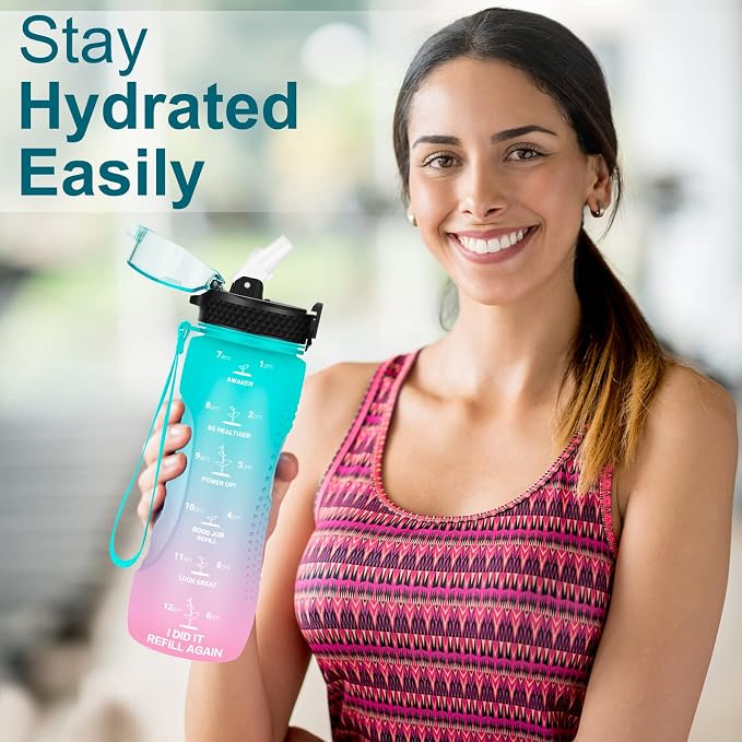 24 OZ Motivational Kids Water Bottle With Time Marker,Straw Lid,Leak Proof, Tritan BPA Free Sports Water Bottle Dark Green Pink (1 Lid)