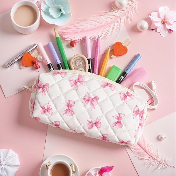 Cute Quilted Pencil Case for Girls Women, Aesthetic Small Floral Pencil Pouch,Slim Soft Pencil Bag for School Supplies Makeup Pouch for School & Daily Use (Tiny Pink Bow)