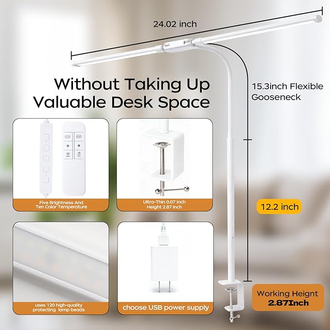 LED Desk Lamp with Clamp, Double Head Adjustable Architect Light, Eye-Caring Monitor Desk Lamp for Home Office, Flexible Gooseneck Task Lamp with 10 Brightness Levels & 5 Color Temperature Modes White