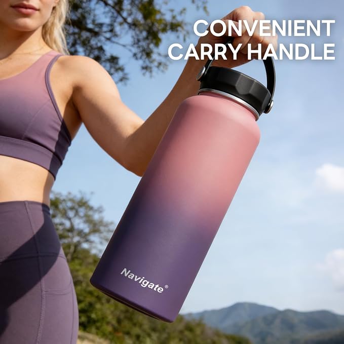 Navigate 40 oz Insulated Stainless Steel Sports Water Bottle with Spout & Handle Lids,Wide Mouth Water Jug with Double Walled Leak Proof Keep Cold for 24 Hrs Hot for 12 Hrs, Red to Black