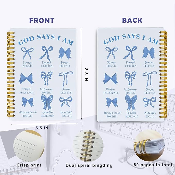 Bible Journal for Women, Christian Prayer Journal Blue Notebook Gifts For Teen Girls Kids, Bible Study Supplies, Coquette Preppy Blue Bows Cute Church Faith Journaling Hardcover Spiral Notebook 5.5 X 8.3