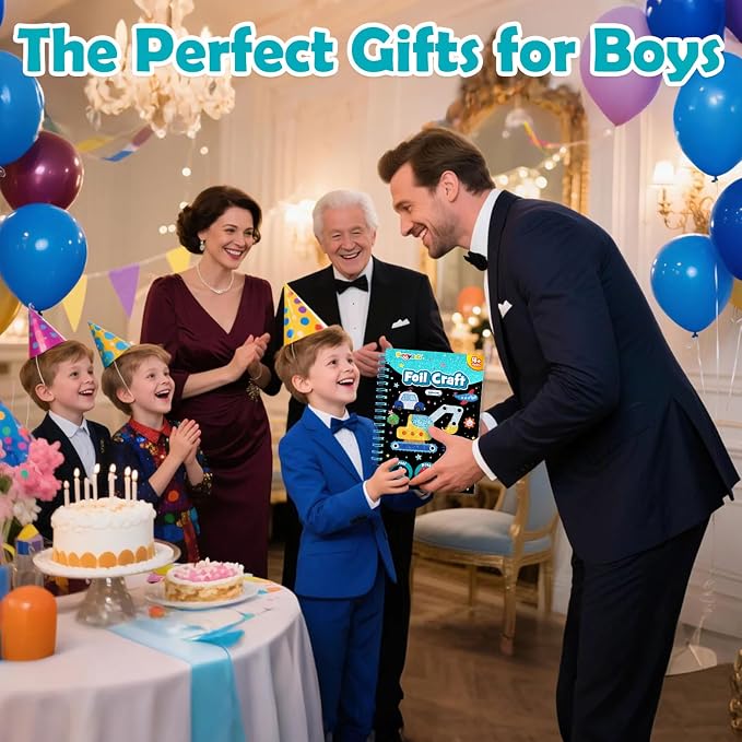 FUNNYB&G Foil Art Craft Kit for Boys 4-10 Years Old: Mess-Free & No-Glue, Create 16 Sparkly Vehicle Pictures – Perfect Travel Toy & Birthday Gift for Kids (Vehicle)
