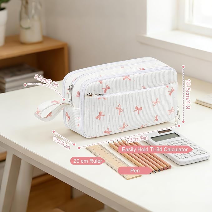 Corduroy Pencil Case, Large Capacity Pencil Pouch with 4 Compartments, Cute Soft Aesthetic Stationery Pen Bag Organizer with Zipper, Portable School Supplies for Teen and Adult Girls, Pink Bow