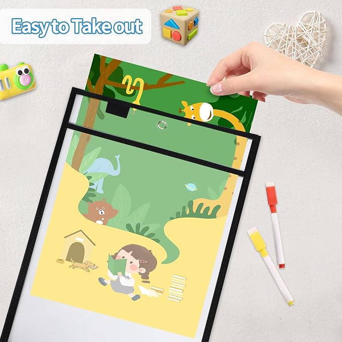 Ufamrine 6 Pcs Dry Erase Pockets Sleeves Black, Job Ticket Holders (10" * 13"), Reusable Plastic Sleeves for Teacher Classroom
