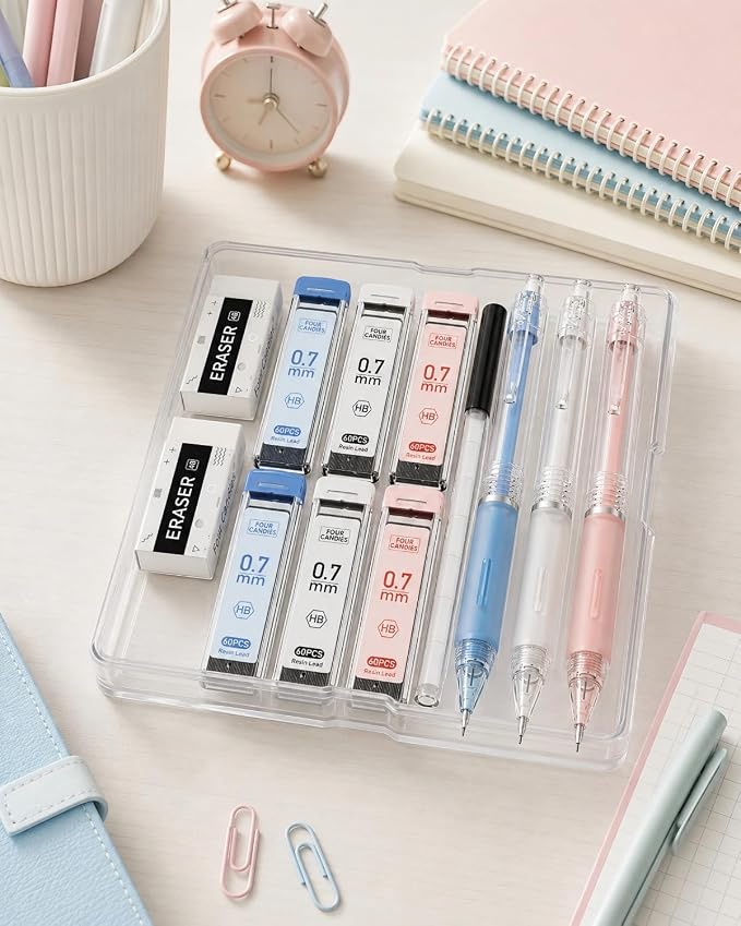 Four Candies Cute Mechanical Pencil Set, 3-Pack 0.7mm | 360 Lead Refills, 3 Erasers, 9 Eraser Refills, Non-Slip Rubber Grips, Aesthetic Design, for Daily Writing and Drawing