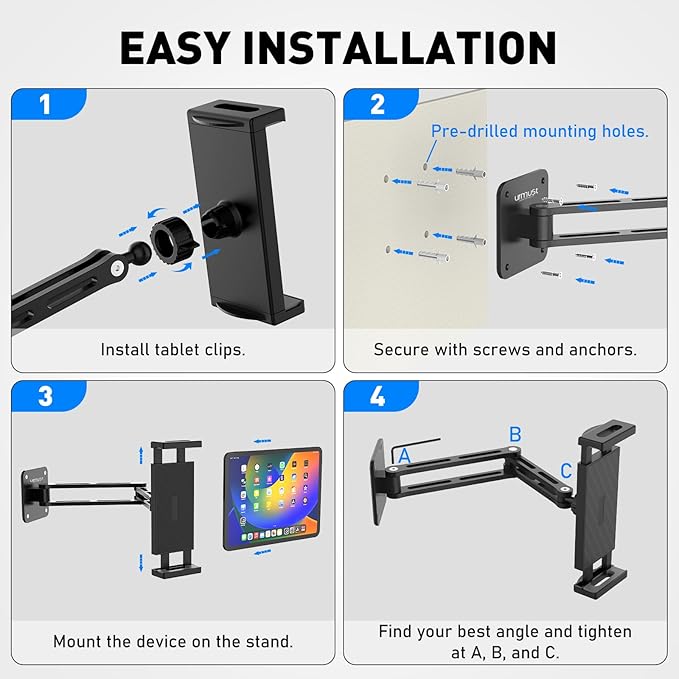 Urmust Adjustable Tablet Wall Mount, iPad Wall Mount Holder with 360° Swivel, Extendable Wall Holder for 4.7-13" Phones & Tablets, Long Arm Foldable Bracket for iPad Pro/Air/Mini,Galaxy Tab, Kindle