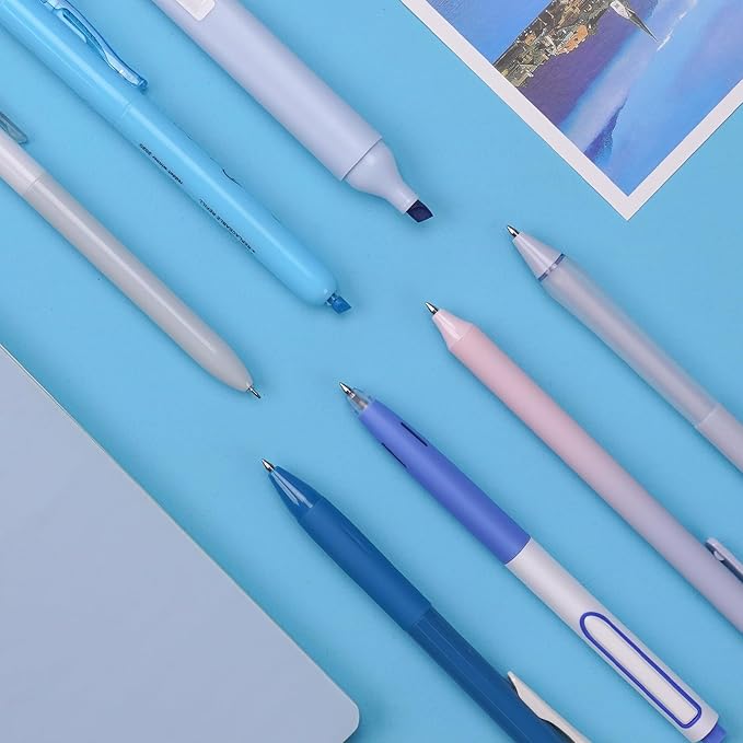 WRITECH Gel Pens Journaling Highlighters: Journal Set Aesthetic Assorted Pastel Color Ink 0.5mm Fine Point Retractable 0.7mm Black Pen Smooth Writing Drawing No Bleed 7ct (Blue)