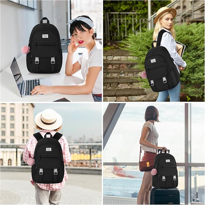 WINDARS School Backpack for Teen Girls, Cute College Backpacks for Women Students Aesthetic Bookbag Large 15.6 Inch Laptop Bag Middle School Travel Back Pack (Black)