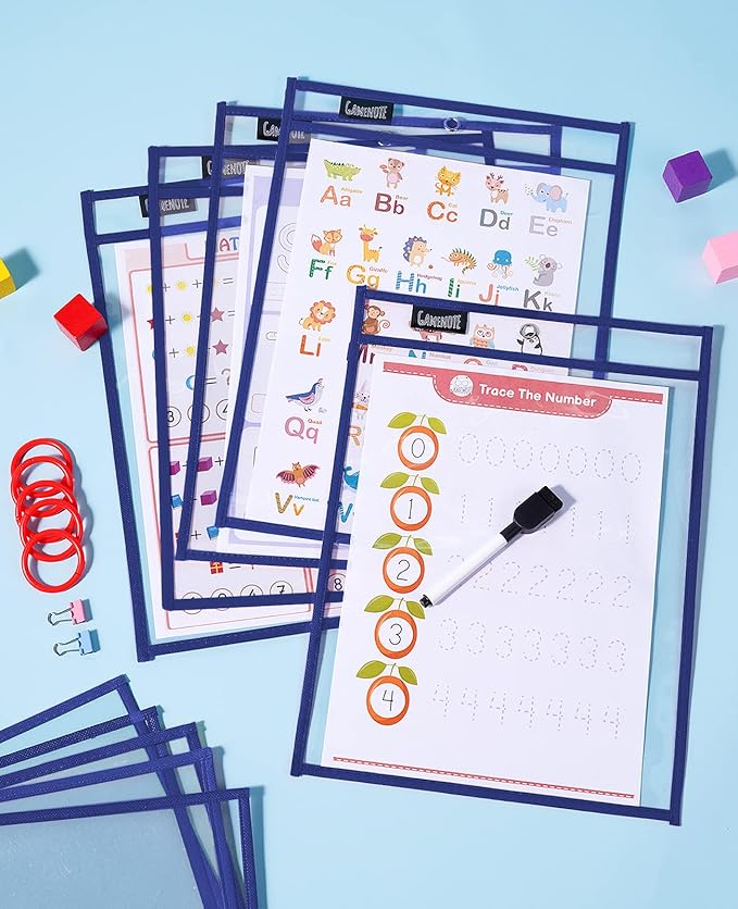 Gamenote Dry Erase Pockets 30 Pack with Rings - Oversized Reusable Plastic Sleeves Shop Ticket Holders Sheet Protectors Teacher Supplies for Classroom Organization (Blue)
