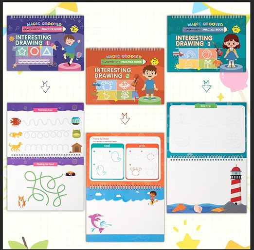 Magic Grooved Handwriting Practice Kindergarten Workbooks for Kids Ages 3-5, Reusable Busy Book, Motor Magic Happy Writer System Toddler Learning Activities Writing Books with Pencil Grips