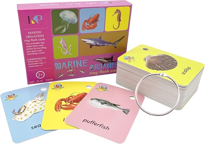 52 Pcs Preschool Ocean Animal Flash Card,Sight Words with Picture Toddler Marine Animals Flash Cards for Kids Learning Activities with Ring(Marine Animals)