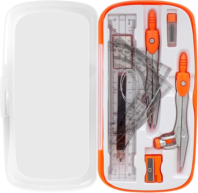 Akuoly Geometry Compass Set 2 Drafting Compasses with Maths Protractor Set Squares Ruler and More for Students Starters Homework etc. Orange