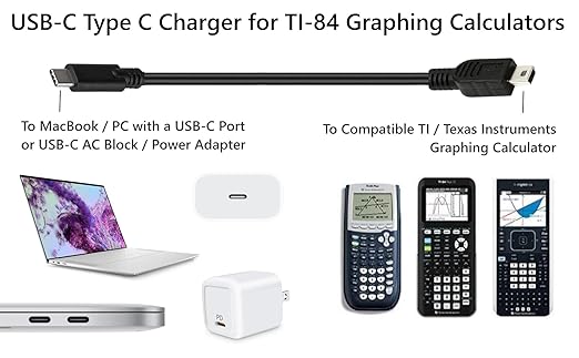 USB-C TI-84 Plus CE/TI-Nspire CX II CAS Calculator Charger Cable Cord Compatible with MacBook, PC, HP, Acer, Dell, Lenovo, Asus, Chromebook, Laptop & Blocks with a USBC Port (AC Block Not Included)