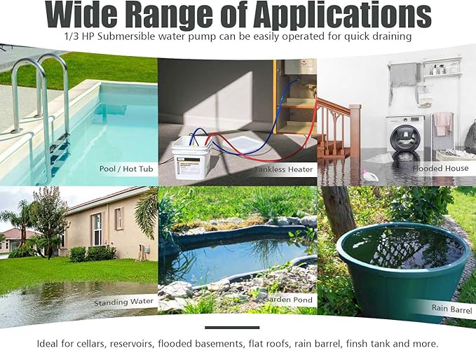 Submersible Sump Pump 1/3 HP 1800GPH Utility Pump Thermoplastic Electric Portable Transfer Water Pump with 10-Foot Cord for Pool Tub Garden Pond Draining Tankless Heater Flushing