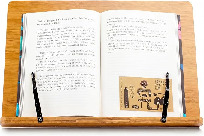 Bamboo Adjustable Book Stand, Large Wood Book Holder for Reading, Cookbook Stand for Kitchen Home Office, Sturdy Book Holder with Easy Installation