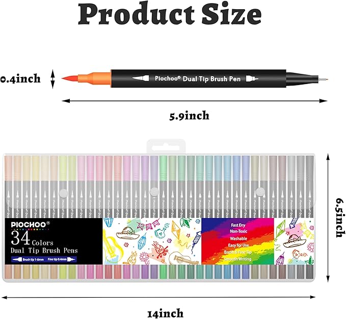 Piochoo Coloring Markers Pens, 34 Dual Tip Brush Pens, Fine Point Marker set for Adult Coloring Book, Bullet Journaling, Drawing
