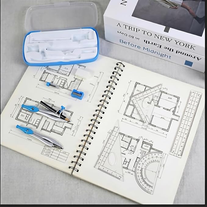 Marte Vanci 10 Piece Geometry Set, Math Geometry Kit with Storage Case, Includes 2 Compasses Rulers Protractor Pencil Eraser Sharpener Lead Refills Student Supplies for Drafting, Math Study (Blue)