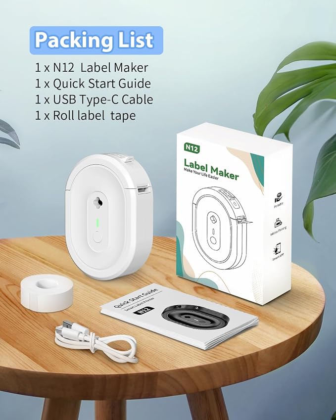 N12 Label Maker Machine with 1 Tape Mini Thermal Label Printer, White | Labeler Machine Available for Phone, Portable Label Maker Rechargeable Labeling Machine for Office School Home Organization