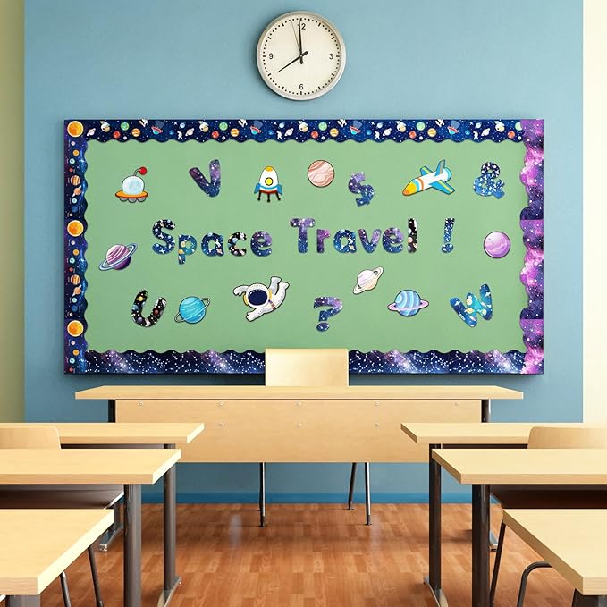 221 Pcs Space Bulletin Board Letters, Round Alphabet Number Punctuation Symbol Combo Letter Cutouts, Galaxy Classroom Decor for School Classroom Chalkboard Poster Bulletin Board Wall
