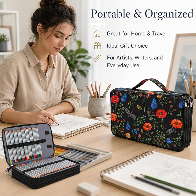 300 Slots Colored Pencil Case Organizer, 4 Layer Bag | Twill Oxford fabric,103 elastic loops,detachable handle,for travel,home storage,drawing tools,creative gifts